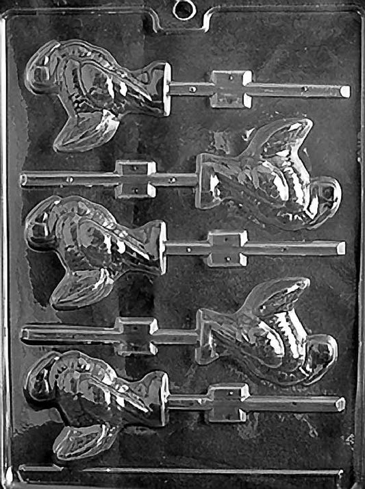 MEDIUM TURKEY Lollipop chocolate mold with medium-sized lollipop cavities shaped like turkeys; clear mold.