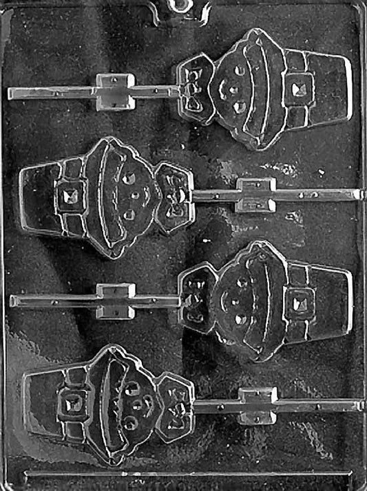 PILGRIM Lollipop (BOY) chocolate mold with lollipop cavities shaped like pilgrim boy; clear mold.