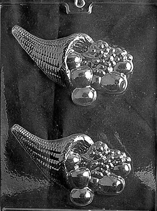 MEDIUM CORNUCOPIA chocolate mold with cornucopia cavity showing woven detail; clear sheet.