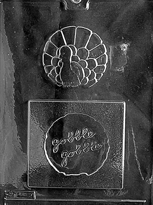 GOBBLE GOBBLE TURKEY chocolate mold with cavities showing turkey and wording; clear mold.
