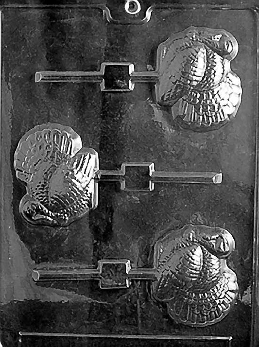 TURKEY Lollipop chocolate mold with lollipop cavities shaped like turkeys; clear sheet.