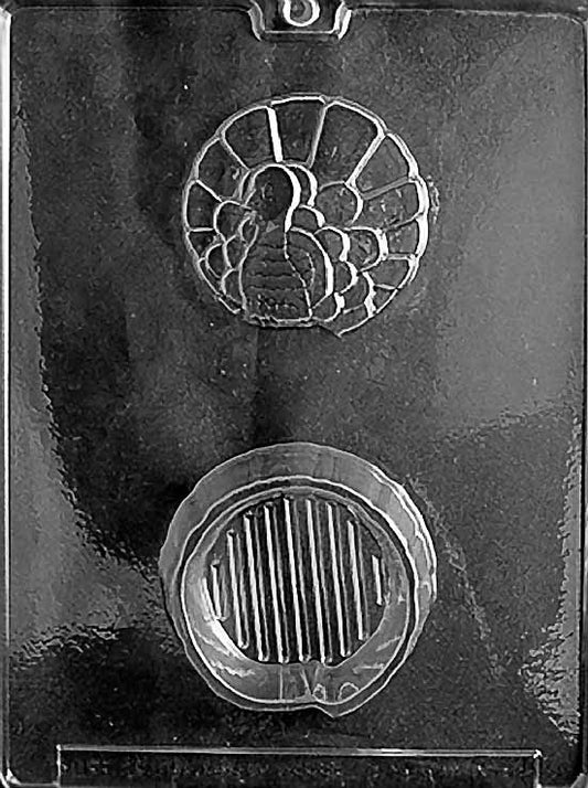 TURKEY POUR BOX chocolate mold with turkey-shaped cavity sized for boxed chocolates; clear sheet.