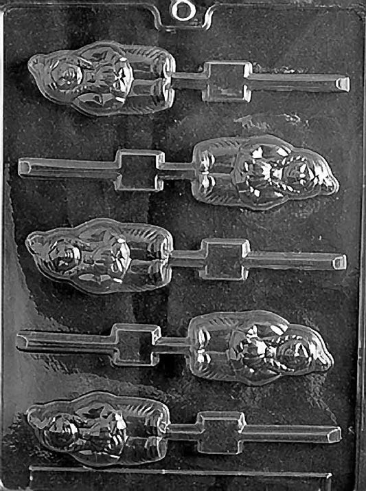 INDIAN Lollipop chocolate mold with lollipop cavities featuring traditional figure design; clear sheet.