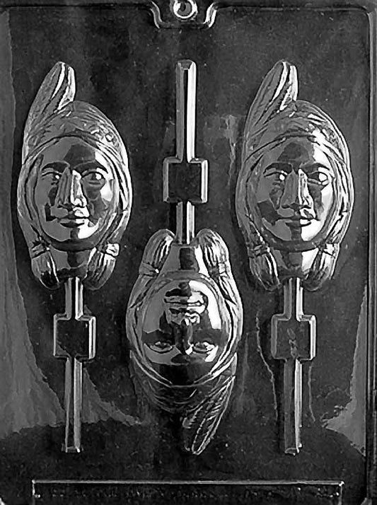 INDIAN HEAD GIRL Lollipop chocolate mold with lollipop cavities showing profile of a girl; clear sheet.
