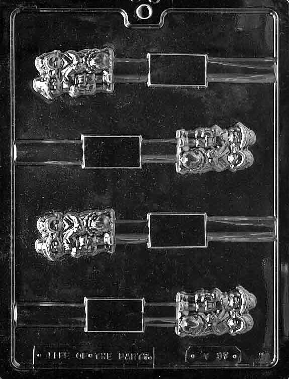 THANKSGIVING PRETZEL POP chocolate mold with cavities sized for pretzel rods and seasonal designs; clear sheet.