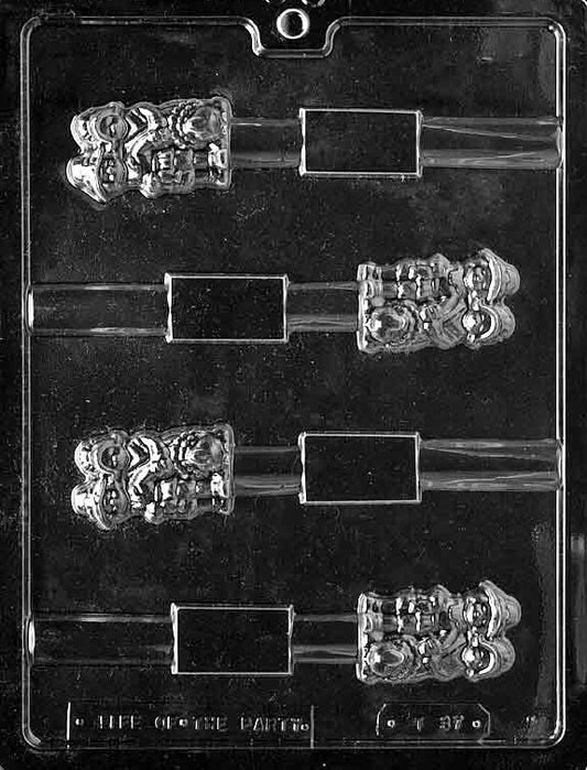 THANKSGIVING PRETZEL POP chocolate mold with cavities sized for pretzel rods and seasonal designs; clear sheet.