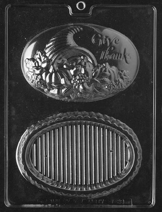 THANKSGIVING POUR BOX chocolate mold with large seasonal cavity shaped for boxed chocolates; clear mold.