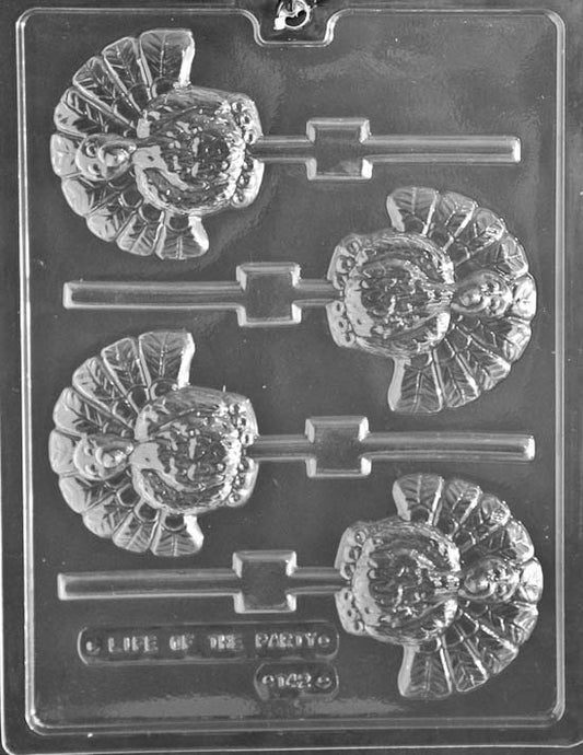 TURKEY Lollipop chocolate mold with medium turkey lollipop cavities; clear mold.