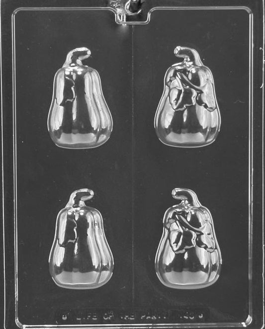 3D Small Pumpkin chocolate mold with pumpkin-shaped cavities forming 3D chocolates; clear mold.