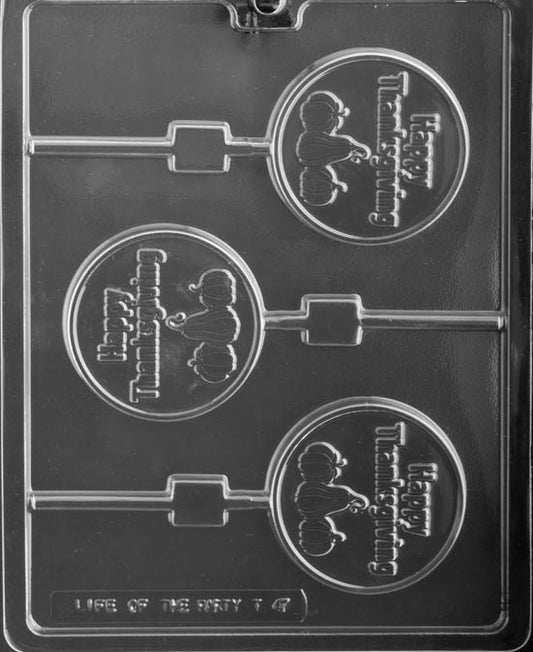 HAPPY THANKSGIVING Lollipop chocolate mold with lollipop cavities featuring “Happy Thanksgiving” text; clear mold.