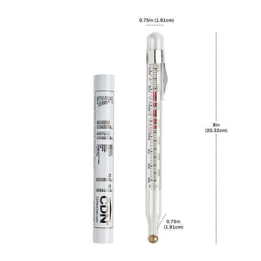 Candy thermometer with labeled dimensions showing 8-inch length, designed for precise temperature control in deep frying and candy making.