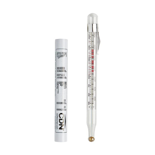 Glass candy and deep fry thermometer with protective sheath, ideal for sugar work, caramel, and jelly recipes.