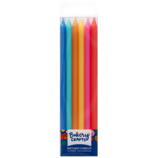 Clear Bakery Crafts package of tall bright assorted birthday candles in blue, teal, yellow, orange, pink, and red, arranged upright inside a rectangular box.