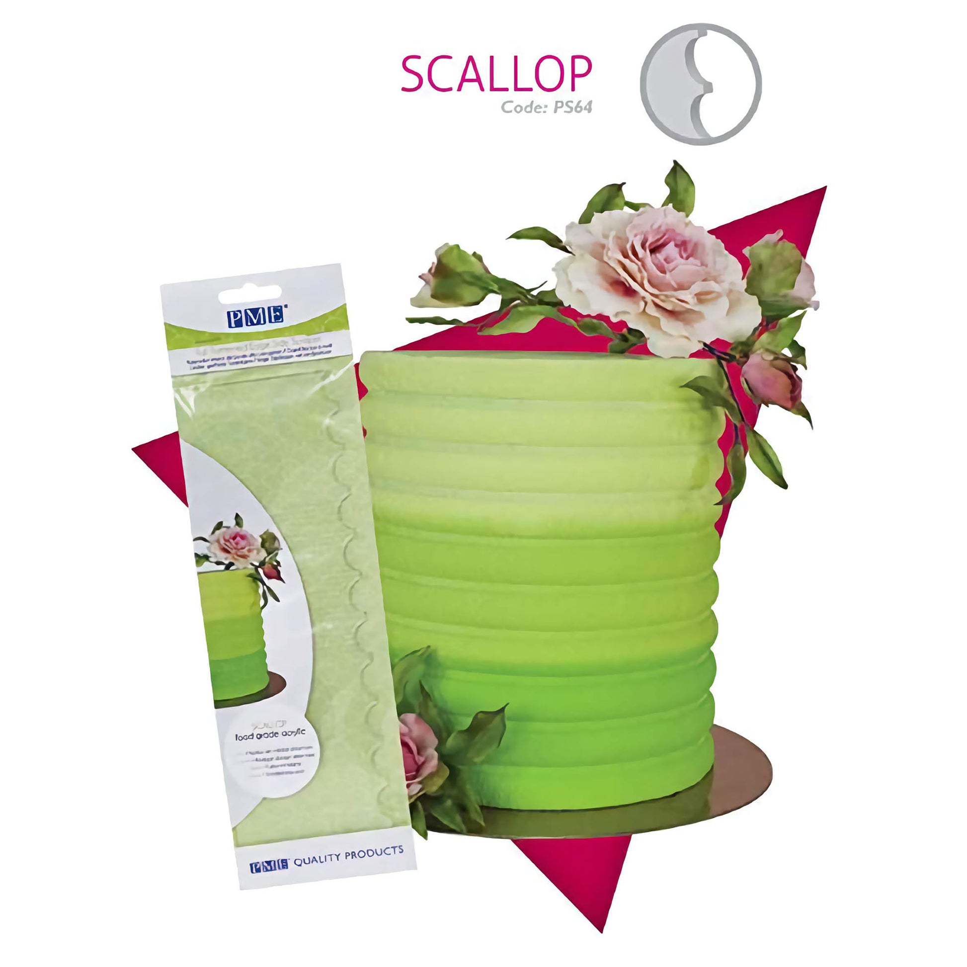 a tall cake side scraper with a scalloped pattern by PME Quality Products, code PS64. The scraper is displayed in its packaging, and next to it is a beautifully decorated green ombre cake with a scalloped texture on the sides, created using the scraper. The cake is adorned with pink roses and green leaves for an elegant presentation.