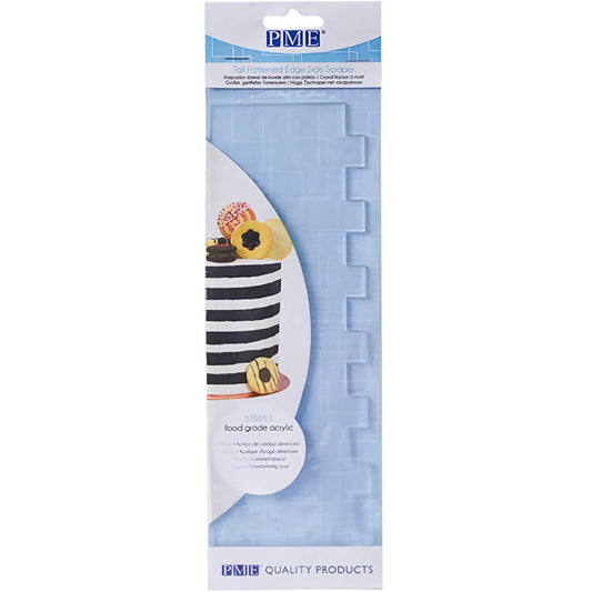 Tall Cake Side Scraper with Stripes Pattern, measuring 10 inches tall, made from food-grade acrylic, shown in packaging with a sample cake displaying the striped texture