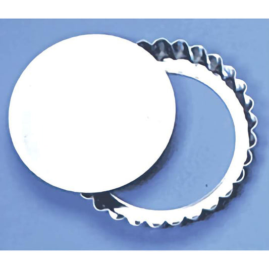 4-inch fluted tartlet pan with removable bottom, shown separated into two pieces against a blue background.