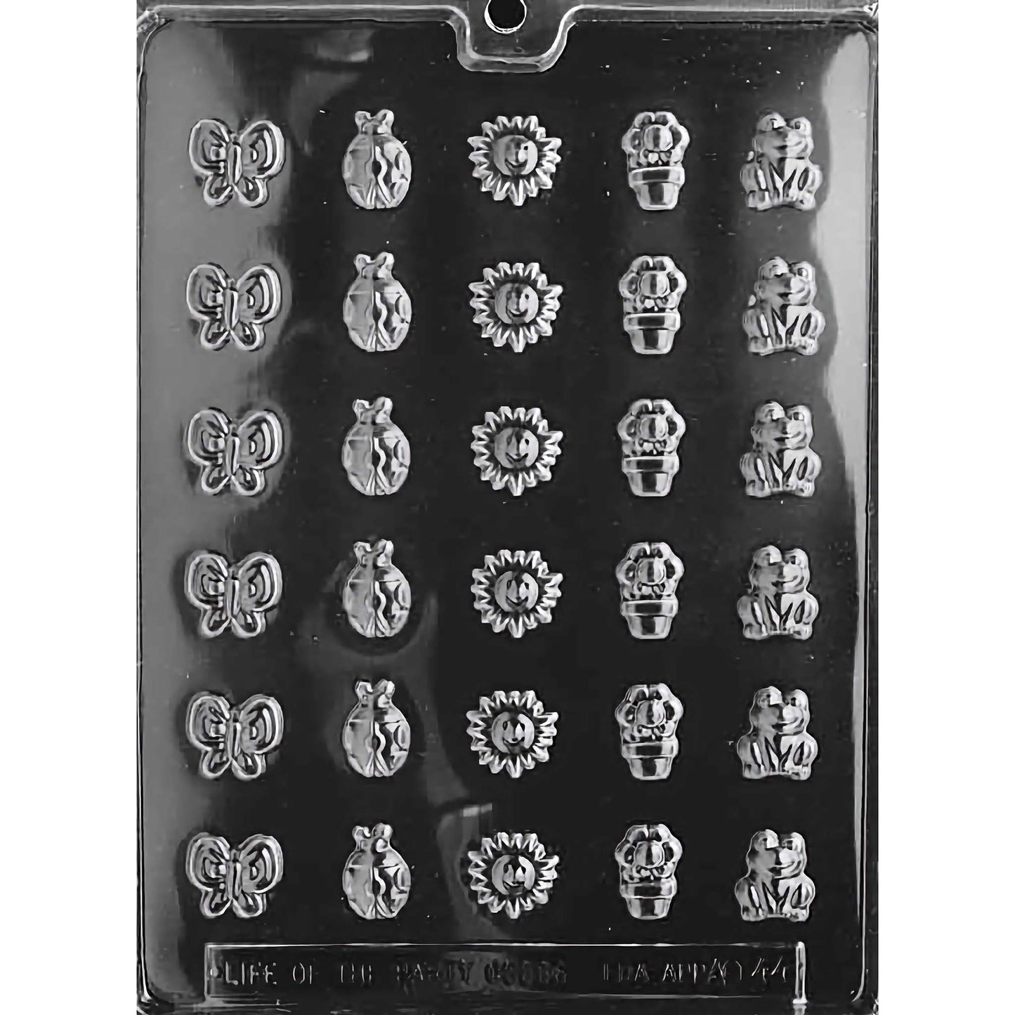 Chocolate mold with 30 cavities featuring butterfly, beetle, sun, flower pot, and frog designs.