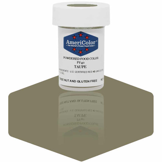 AmeriColor Taupe powdered food coloring 3 gram container displaying soft brown-gray powder for neutral palettes.
