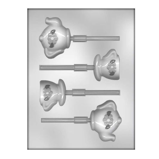 Chocolate sucker mold featuring three-dimensional teapot and teacup designs, each with a stick slot, perfect for creating tea-themed chocolate lollipops.