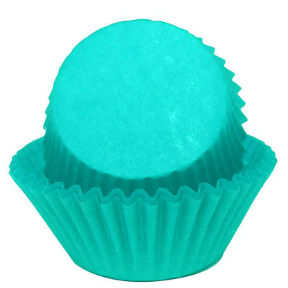 Teal colored standard greaseproof cupcake liners, stacked together, featuring a bright and vibrant teal color, perfect for adding a modern and fresh touch to your baked goods.