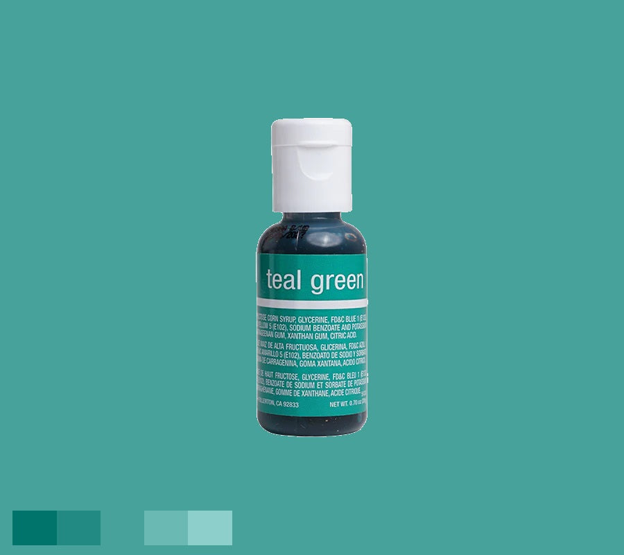 Rich Teal Green Chefmaster liqua-gel, 0.70 oz, ideal for custom cake colors and aquatic themes, with white cap, displayed on a teal background.
