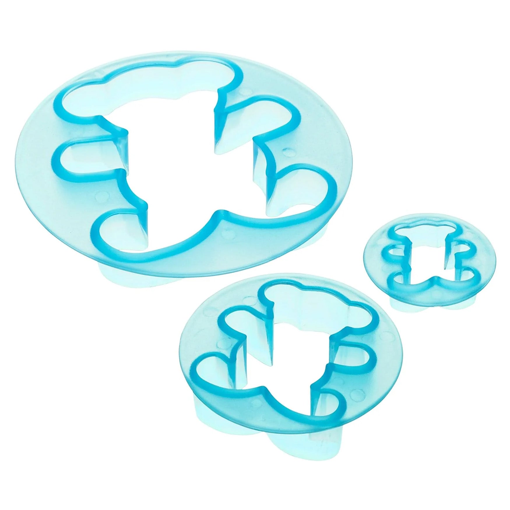 Three blue teddy bear plunger cutters in different sizes, each with a round base and bear-shaped cutout, arranged on a white background.