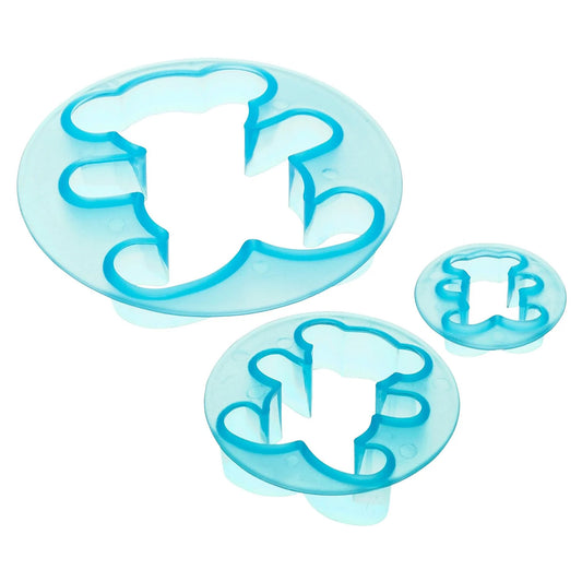 Three blue teddy bear plunger cutters in different sizes, each with a round base and bear-shaped cutout, arranged on a white background.