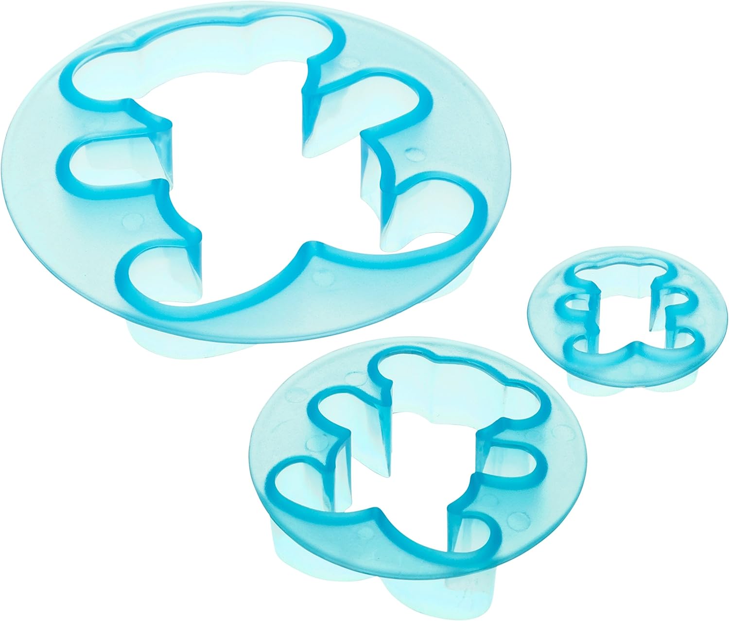 Set of three blue teddy bear-shaped plunger cutters in different sizes, made from transparent plastic.