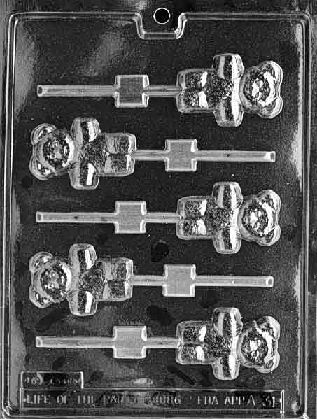 Plastic candy mold with five lollipop cavities shaped like teddy bears with rounded ears and detailed faces, designed for making chocolate or candy pops.