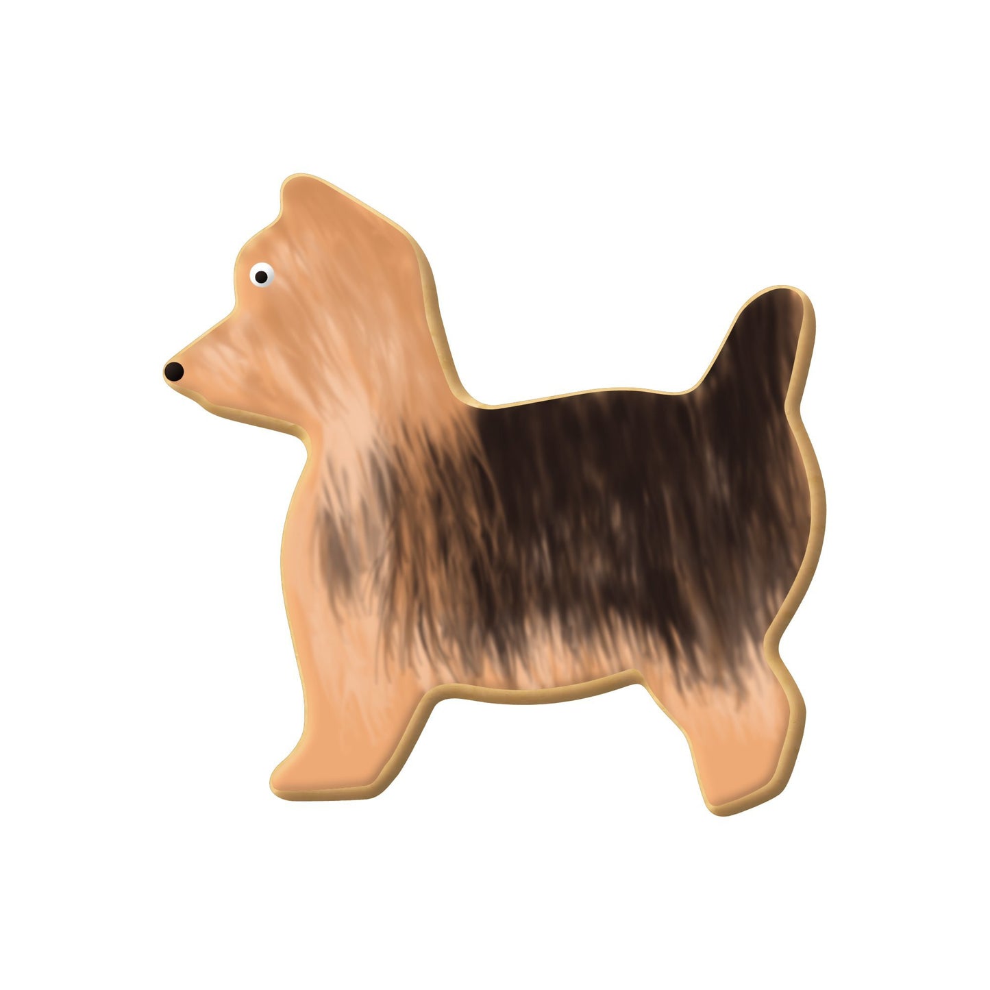 Decorated Terrier cookie with brown and black icing, capturing the fluffy coat details.