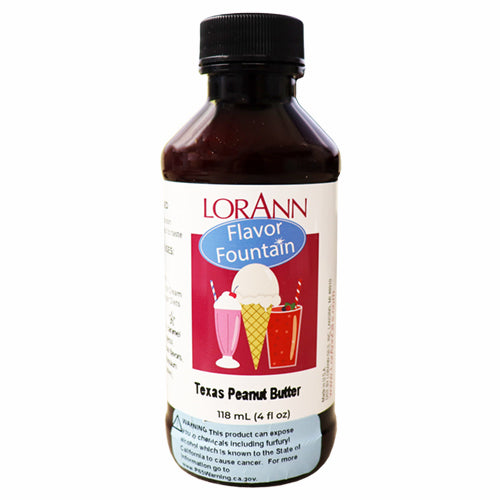 LorAnn Texas Peanut Butter Flavor Fountain bottle with illustrated label of milkshakes and ice cream, used to flavor frozen desserts with bold roasted peanut taste