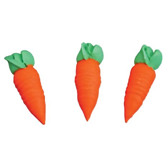 Set of three vibrant, orange royal icing carrots with realistic indentations and green tops, ideal for cake decorating in garden-themed confections.
