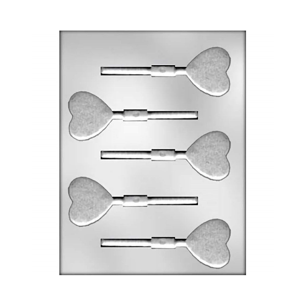 Chocolate sucker mold with four textured heart-shaped cavities attached to sticks, designed for creating heart-shaped lollipops with a detailed surface pattern.