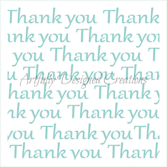 Thank you stencil pattern with repeated “Thank you” text in a teal script style on a white background, showing the open stencil areas for icing or airbrushing.