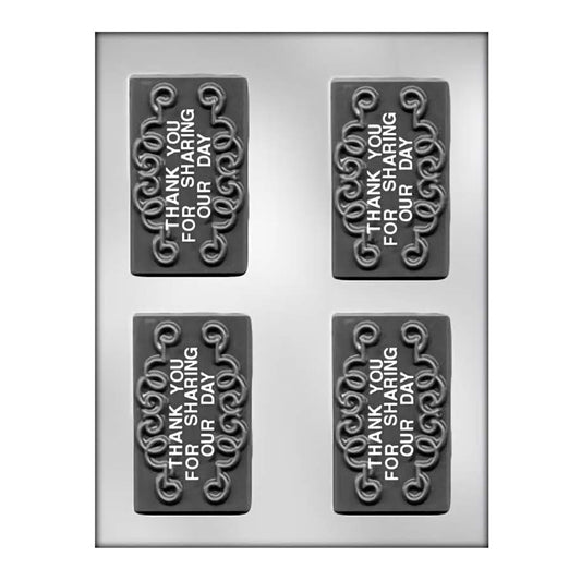 Decorative chocolate mold that imprints 'Thank You for Sharing Our Day' on rectangular chocolates, perfect for wedding favors or special events.