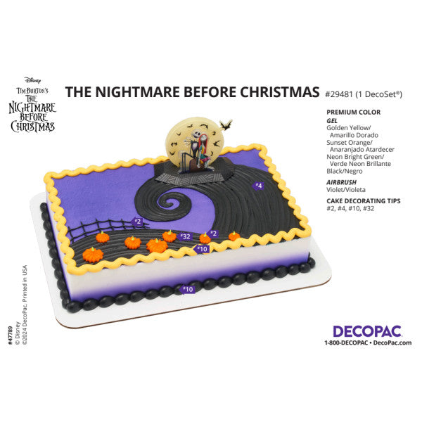 Layout of The Nightmare Before Christmas cake topper set with decorating instructions for creating a themed cake using Jack and Sally figures, moon, and pumpkins.