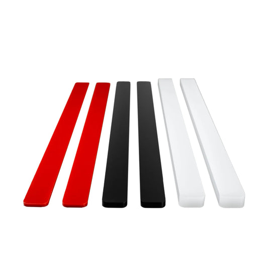 Six rolling pin thickness guide strips in red, black, and white, arranged in a row on a white background for rolling dough to 3mm, 5mm, or 10mm thickness.