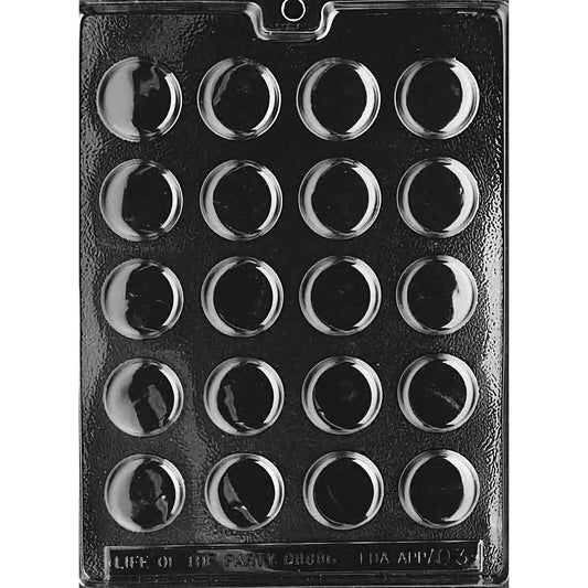 Thin Peppermint Patty chocolate mold with 20 cavities, each forming a thin, round patty, made from food-grade plastic.