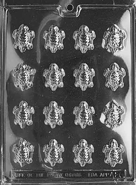 Clear plastic candy mold with 15 small turtle-shaped cavities, each featuring detailed shell textures and limbs, designed for making mini chocolate candies.