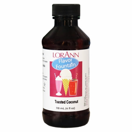 LorAnn Toasted Coconut Flavor Fountain bottle with illustrated label of ice cream and shakes, used to flavor frozen desserts with warm, nutty coconut taste