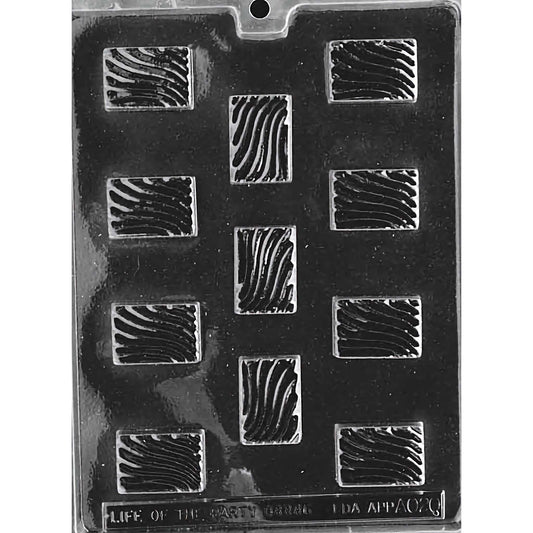 Toffee Pieces chocolate mold with 11 cavities, each featuring a unique textured design, made from food-grade plastic.