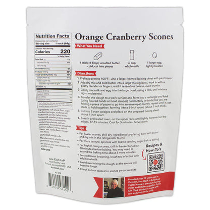 Back of Ann Clark Cranberry Orange Scone Mix package with nutrition facts, baking directions, ingredients list, and preparation tips.
