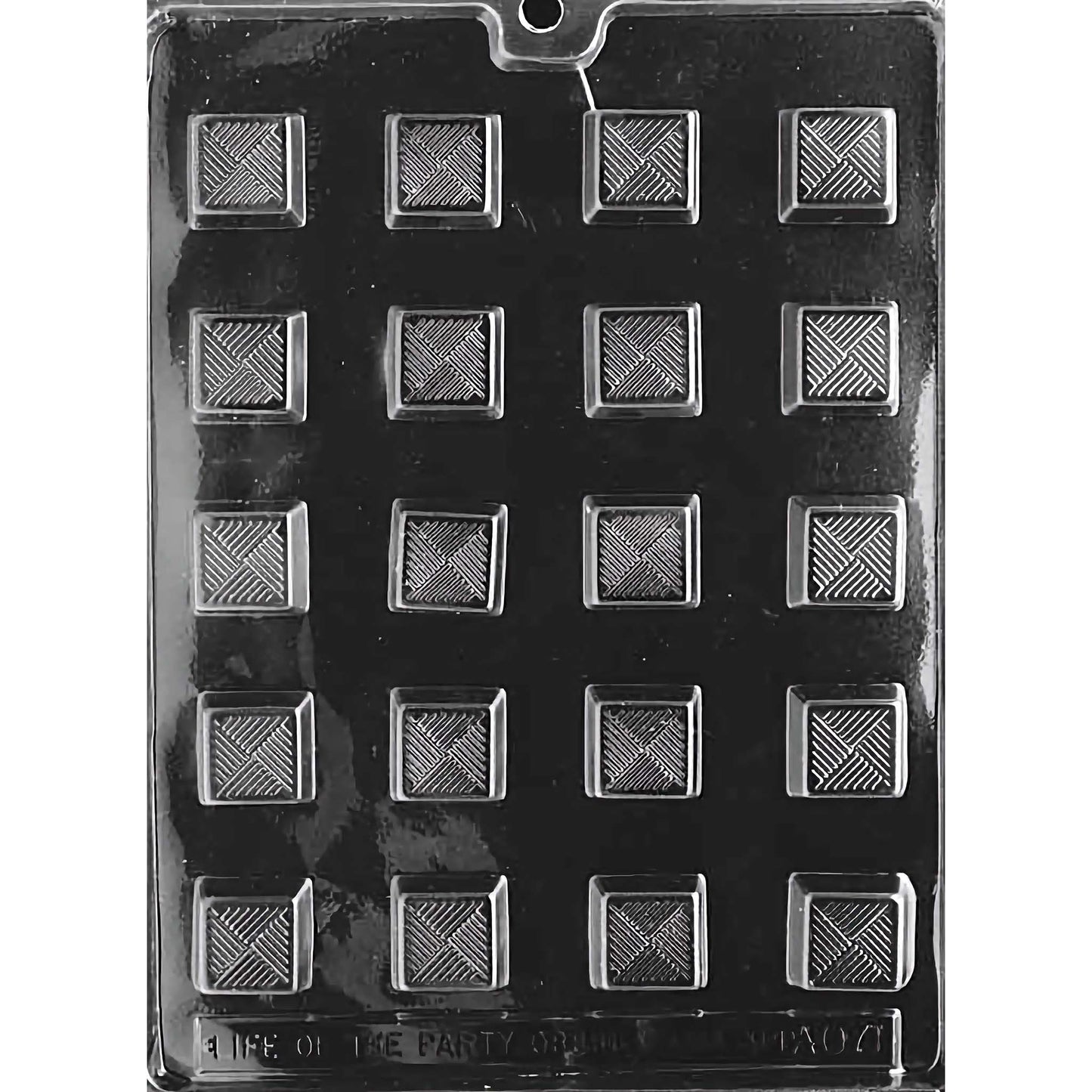 Traditional Square Chocolate Mold with twenty square cavities, each featuring a detailed crosshatch pattern. The mold creates 1 inch by 1 inch and 1/2 inch deep chocolate pieces, using approximately 0.3 ounces of chocolate per piece. Made of food-grade plastic and manufactured in the USA.