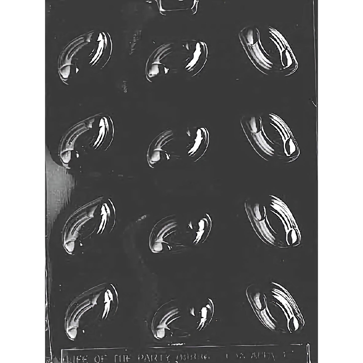 Swirl Traditional Chocolate Mold with twelve cavities, each featuring a classic swirl design. The mold creates 1-3/4 inch by 1 inch and 3/4 inch deep chocolate pieces, using approximately 0.4 ounces of chocolate per piece. Made of food-grade plastic and manufactured in the USA.