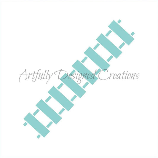 Train track stencil design showing a diagonal railroad track pattern with teal open sections on a white background, used for airbrushing or icing cookies.