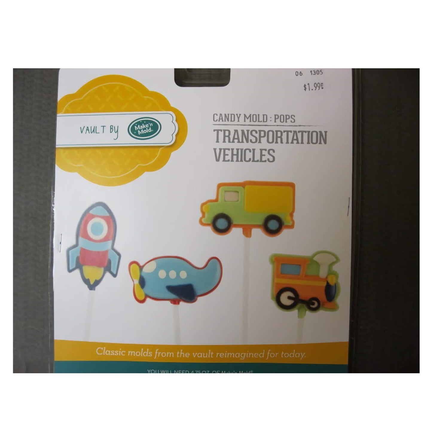 A playful chocolate mold designed for making lollipop-style chocolates in the shapes of various transportation vehicles including rockets, cars, and trains, ideal for children's parties or transportation-themed events.