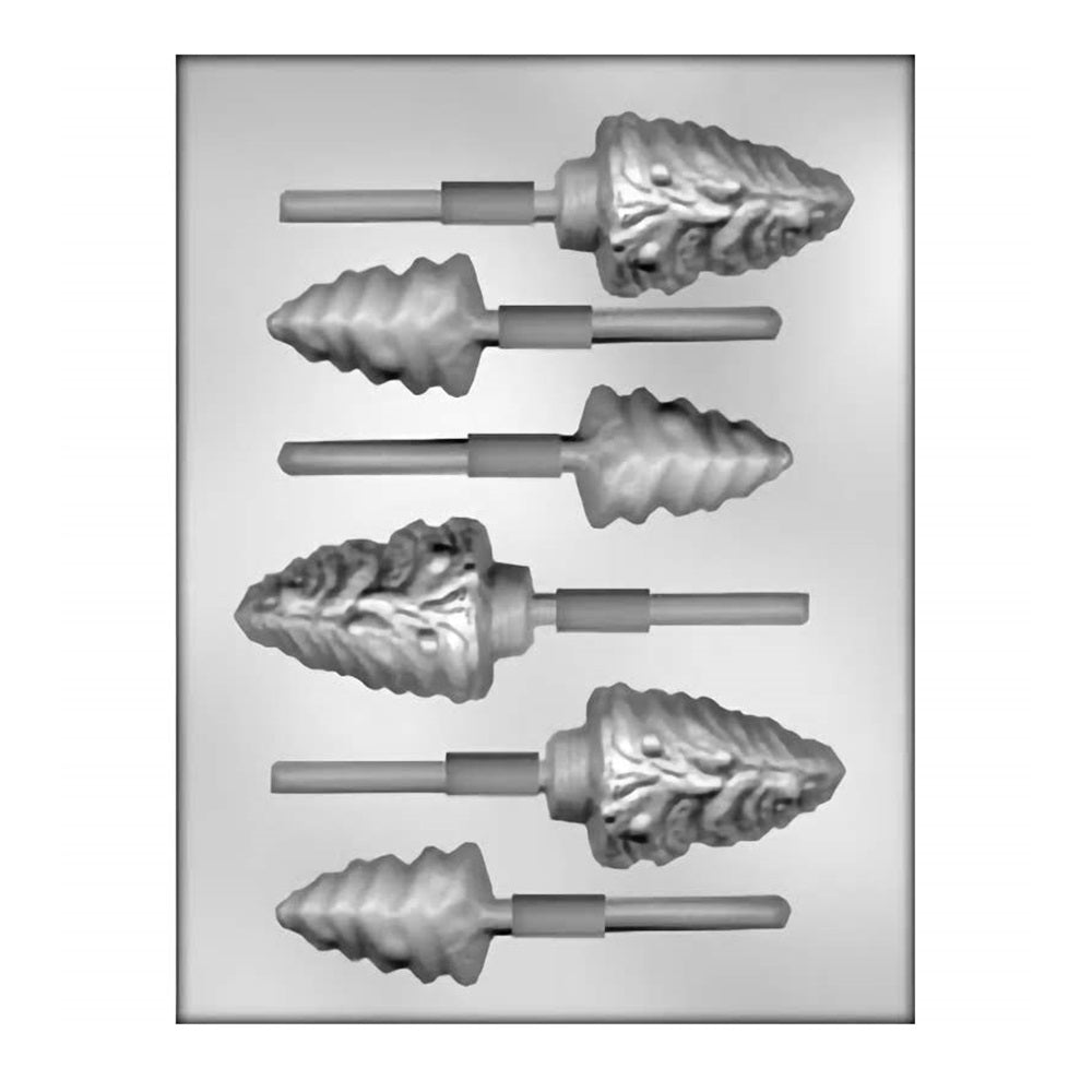 Plastic mold for creating tree-shaped chocolate suckers, featuring an assortment of six detailed tree cavities with varying designs. The trees have textured branches and trunks, giving a realistic look to the finished chocolates. This mold is perfect for making forest-themed treats or adding a natural touch to your candy creations.