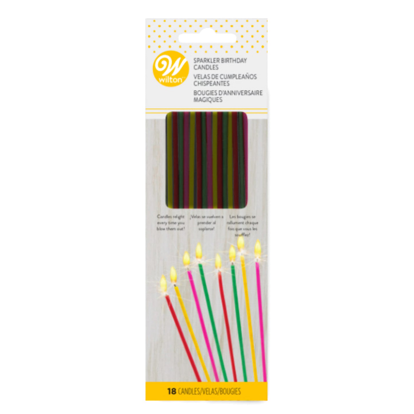 Pack of 18 Trick Sparkler Birthday Candle Tapers, each 6.5 inches tall, in assorted colors, featuring a fun relighting trick for adding excitement to birthdays and other celebrations.