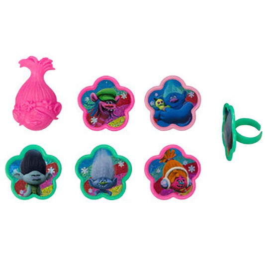 Festive cupcake decorations featuring bright, molded rings with beloved, colorful Trolls characters, ideal for adding a touch of whimsy to themed birthday parties or movie celebrations.