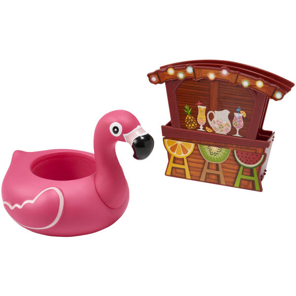 Pool Party Signature DecoSet® featuring a pink flamingo can cooler and a tiki hut bar cake topper.